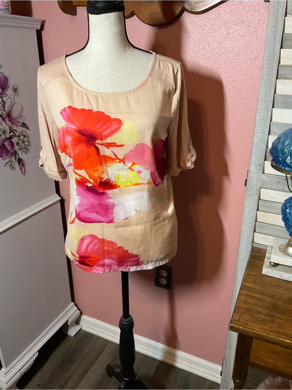 Women’s Floral Print Scoop Neck Blouse - Peach/Pink